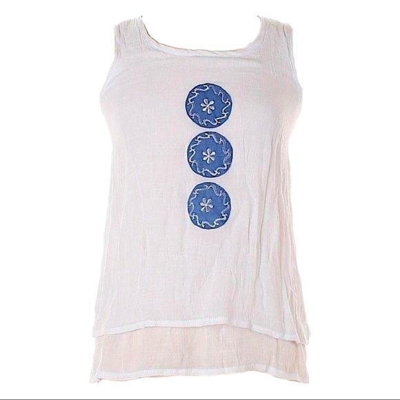 Boho White Sleeveless Blouse S Silk Cotton Embroidered Floral Circles Layered - Picture 2 of 8